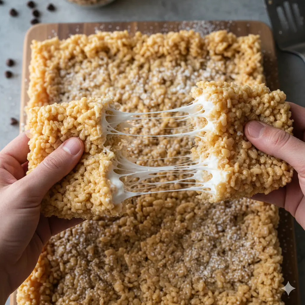 A cinematic, overhead shot of thick, gooey Rice Krispie treats being pulled apart, showing long, translucent strings of melted marshmallow stretching between the crispy edges.