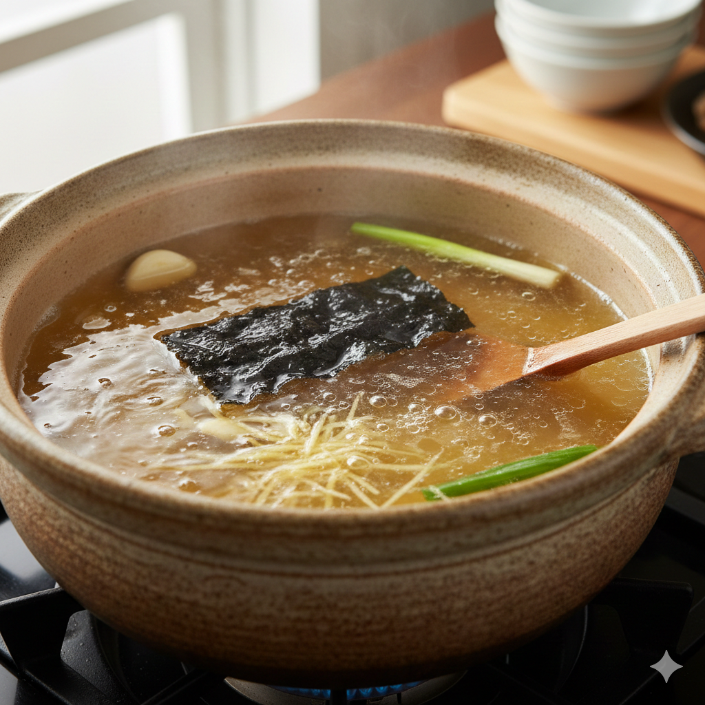 A bubbling pot of white Tonkotsu broth, showing the violent boil required to emulsify the fat.