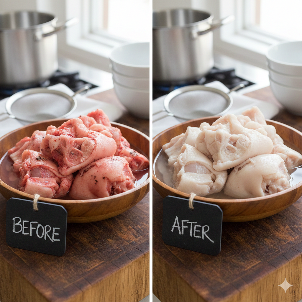 A shot showing the difference between 'Before' and 'After' cleaning pork bones—one set raw, the other blanched and pristine.
