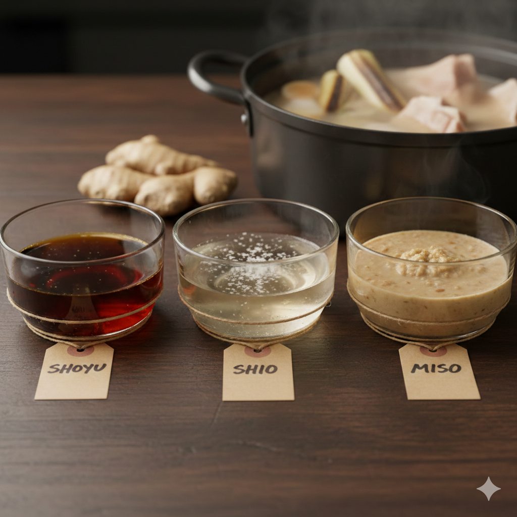 Three small glass bowls containing Shoyu, Shio, and Miso tares, showing their distinct colors and textures.