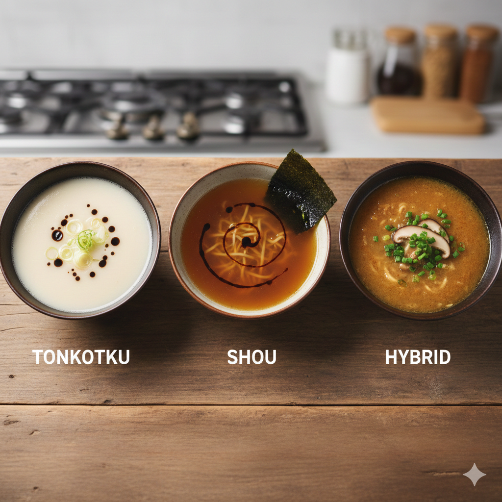 A flat-lay infographic showing the three types of broth side-by-side: a white Tonkotsu, a clear Shoyu, and a golden Hybrid.