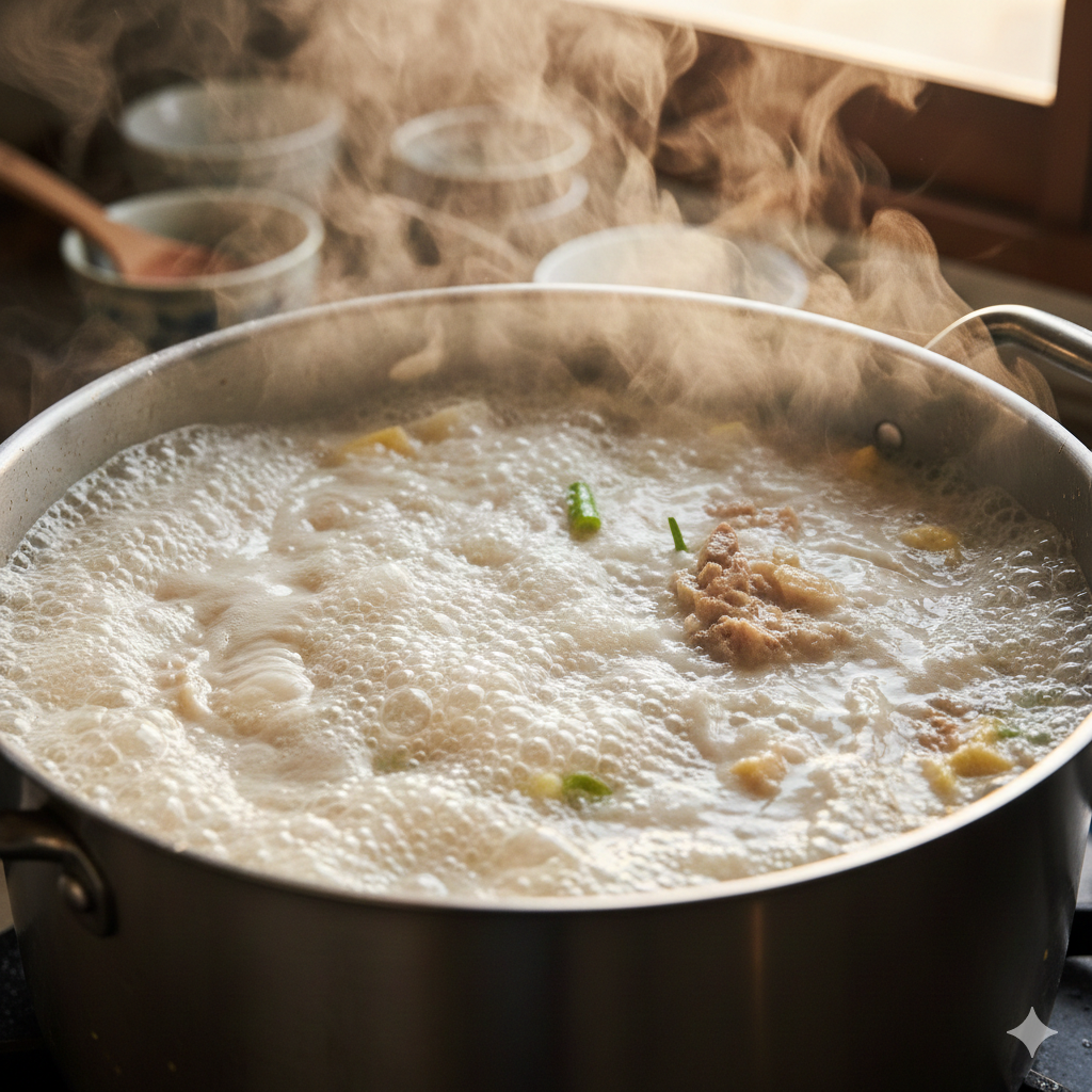 A bubbling pot of white Tonkotsu broth, showing the violent boil required to emulsify the fat.