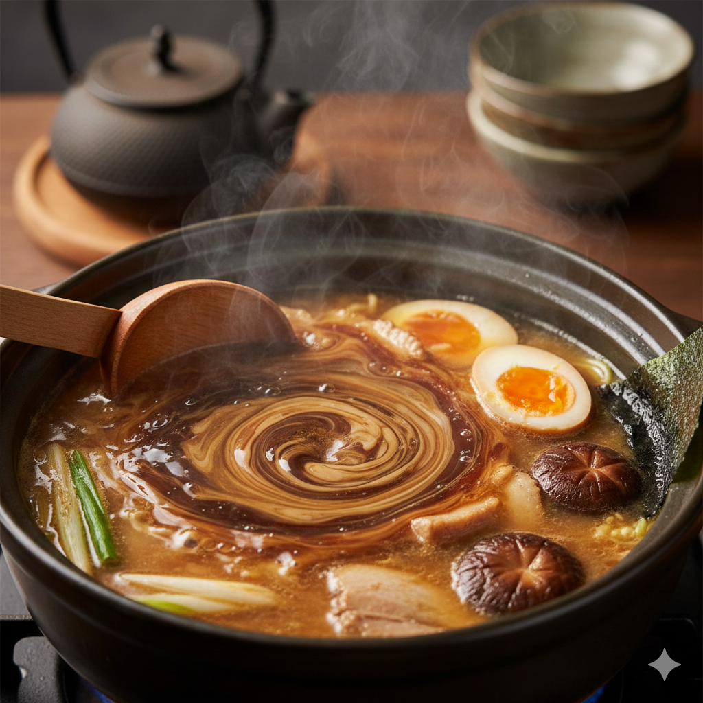 A mesmerizing swirl of Shoyu tare being mixed into a golden ramen broth