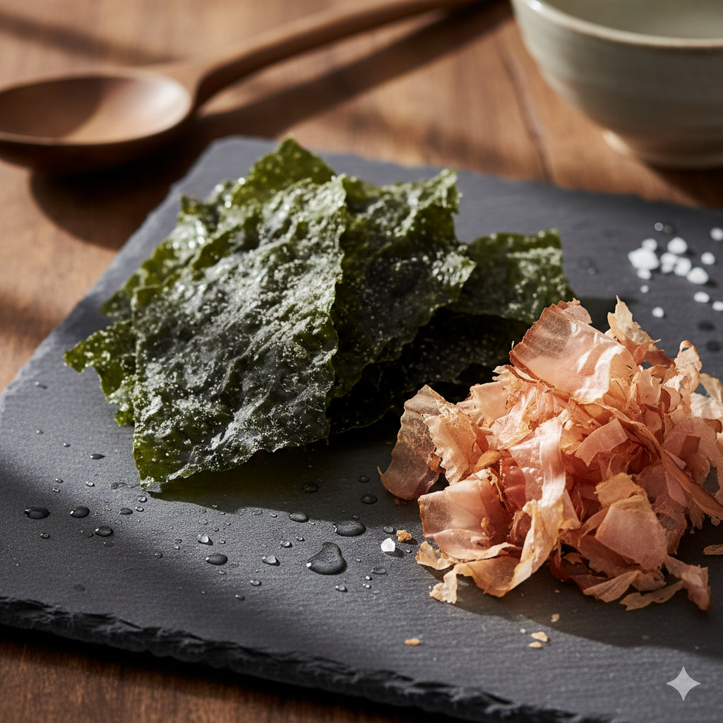 A macro shot of dried kombu and bonito flakes resting on a dark slate background, highlighted by sharp, dramatic lighting.