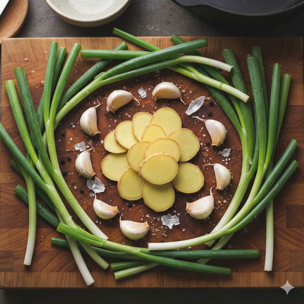 An overhead shot of fresh aromatics: sliced ginger, smashed garlic cloves, and bright green scallions arranged artistically.