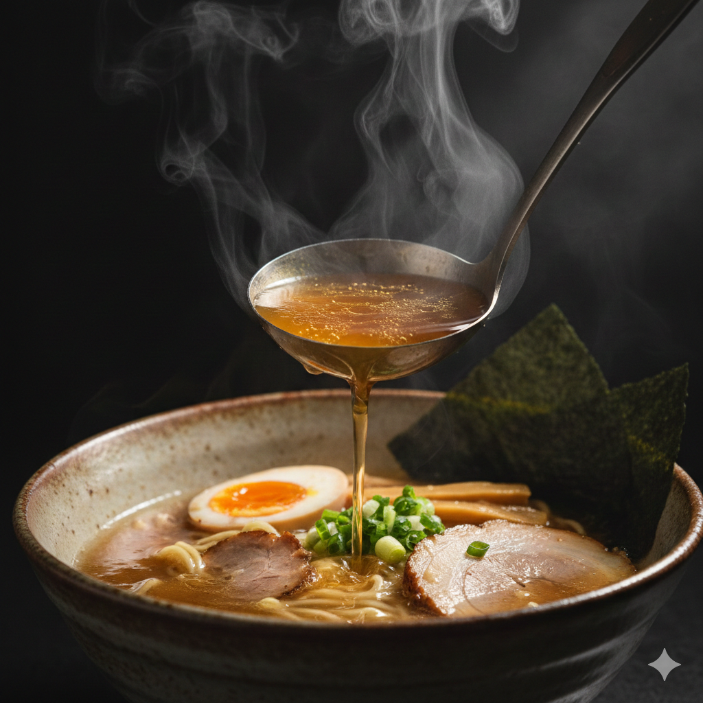 A steaming, high-contrast close-up of a rich, golden ramen broth being ladled into a ceramic bowl, steam swirling in cinematic lighting.