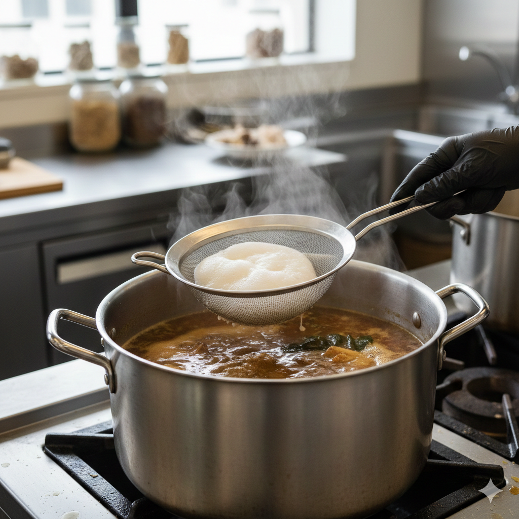 A chef's hand skimming white foam (scum) from the top of a large silver stockpot using a fine-mesh strainer.