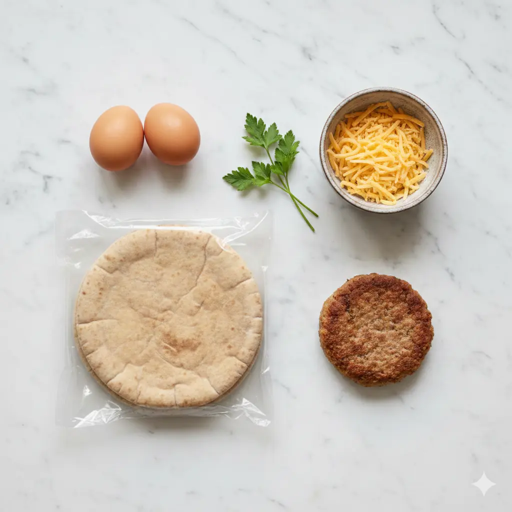 An overhead "flat lay" shot of the ingredients: two brown eggs, a package of pita bread, a bowl of shredded cheese, and a cooked turkey sausage patty. The ingredients are neatly arranged on a clean white marble countertop with a small sprig of fresh parsley.
