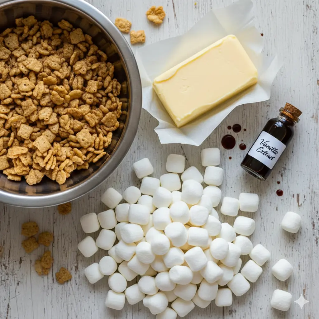 A beautiful flat-lay of ingredients: a block of golden European butter, a glass vial of dark vanilla extract, a mountain of white mini marshmallows, and a silver bowl of toasted rice cereal.