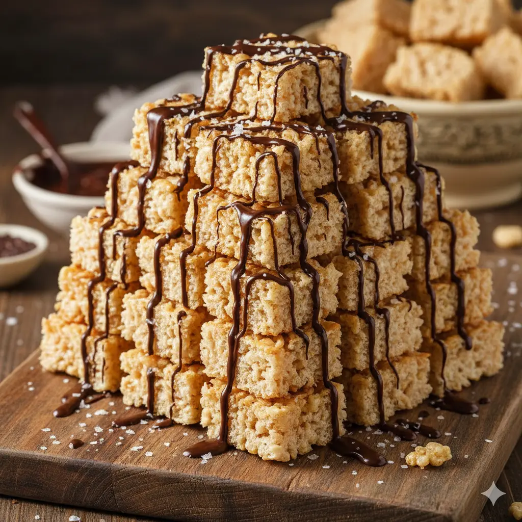 A stack of perfectly cut, 2-inch square Rice Krispie treats on a rustic wooden board, topped with a light dusting of sea salt and a drizzle of dark chocolate.