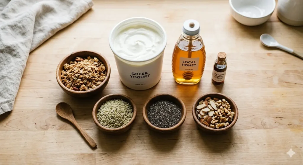 An overhead "flat lay" shot of a large tub of Greek yogurt, a bottle of local honey, and a small glass vial of vanilla extract. Around these items are small wooden bowls filled with granola, hemp seeds, and chia seeds. The background is a clean, minimalist kitchen counter.