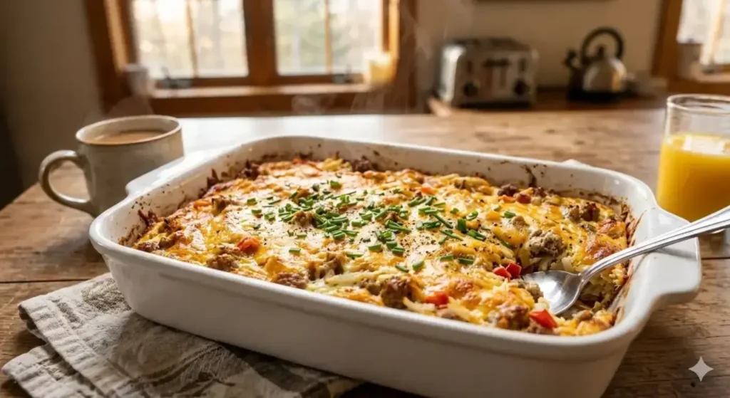 A steaming, golden-brown breakfast casserole in a white ceramic 9x13 baking dish. You can see bits of browned turkey sausage, shredded hash browns, and melted cheddar cheese bubbling on the surface. A small sprinkle of fresh green chives is on top for color. The background is a cozy, bright kitchen at sunrise.