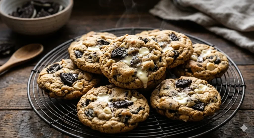 A close-up, high-angle shot of a pile of freshly baked Oreo Chunk White Chocolate Chip Cookies on a wire cooling rack. Melted white chocolate chips are visible, and large chunks of dark Oreo cookies are embedded in the golden dough. Wisps of steam are lightly visible against a dark, rustic kitchen background.