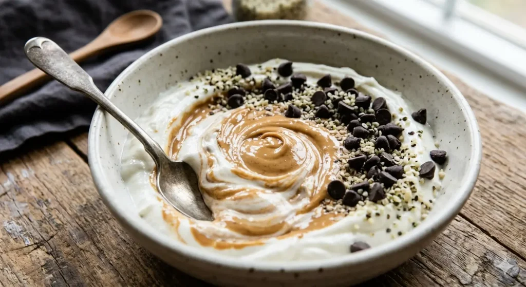 A close-up of the Chocolate Peanut Butter Dream bowl. You can see the glossy swirl of creamy peanut butter mixing into the thick white yogurt. Dark chocolate chips and tiny hemp seeds are sprinkled perfectly on top. A silver spoon is resting in the bowl, ready for the first bite.