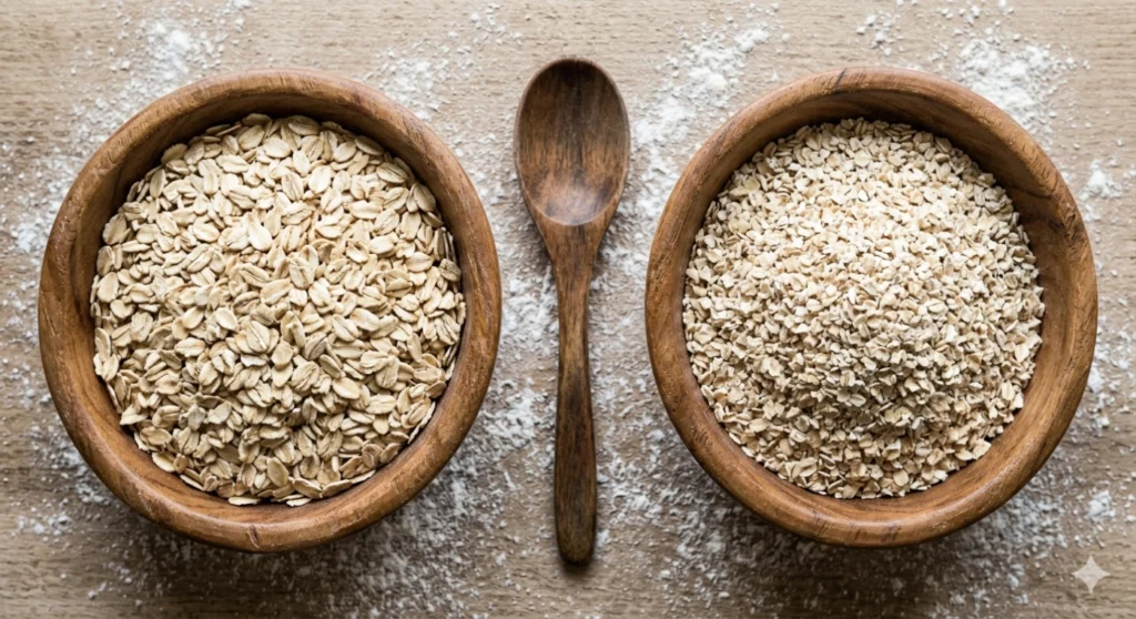 An overhead "flat lay" shot of two wooden bowls. One bowl is filled with flat, large Old Fashioned rolled oats. The other is filled with smaller, chopped quick oats. A wooden spoon rests between the bowls on a floured surface.