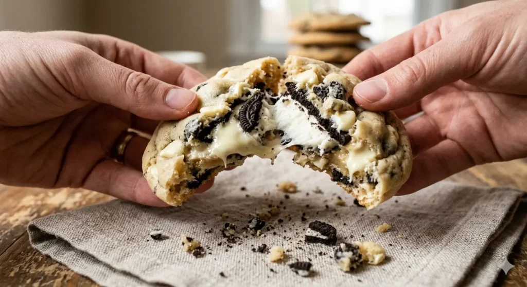 A macro shot of a single cookie being broken in half. The interior is soft and white, filled with a visible pocket of melted white chocolate and a large piece of Oreo cream. Small crumbs are falling onto a linen napkin below.