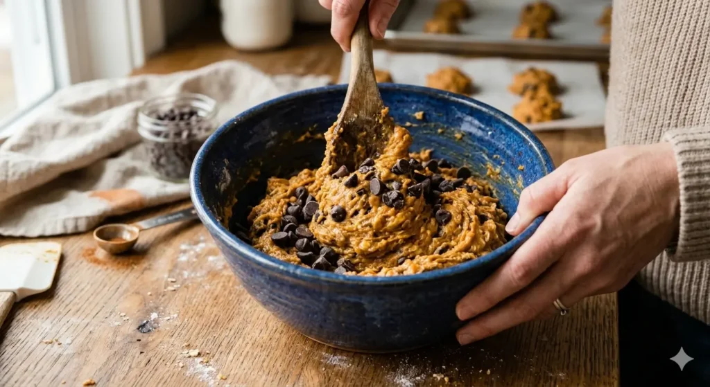  A person’s hand using a wooden spoon to stir dark chocolate chips into a thick, orange-tinted cookie dough. The bowl is a deep blue ceramic, and you can see the creamy texture of the dough as it swirls.