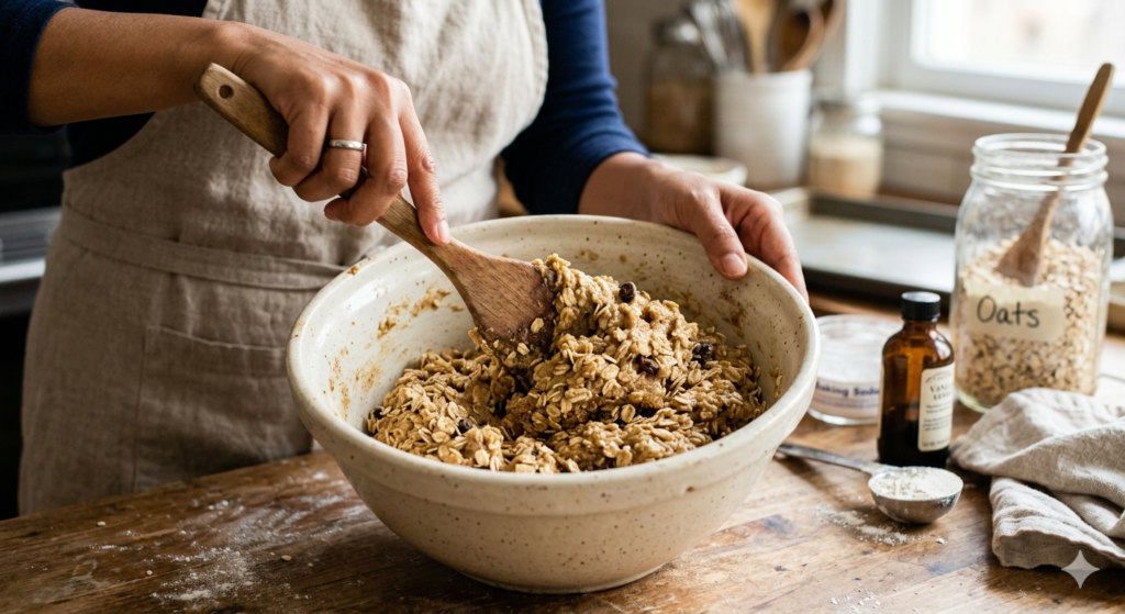 An action shot of a person using a wooden spatula to fold large rolled oats into a thick, buttery cookie dough. The bowl is a cream-colored ceramic, and you can see the specks of cinnamon and the texture of the sugar.