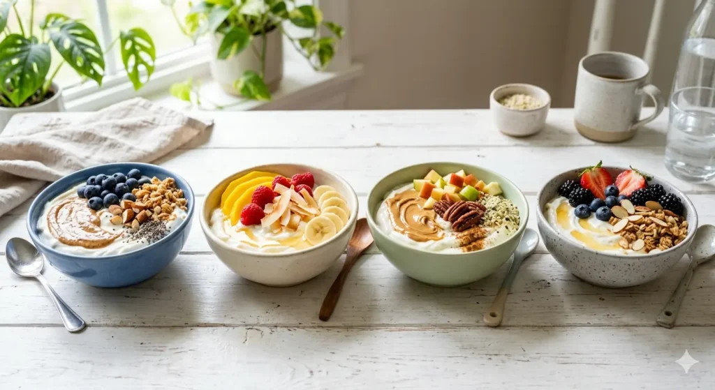 A bright, high-resolution photo of four different yogurt bowls lined up on a white wooden kitchen table. Each bowl has a thick, creamy white yogurt base and is topped with colorful ingredients like vibrant blueberries, sliced mango, swirls of peanut butter, and diced apples. Morning sunlight is hitting the side of the bowls, creating a fresh, inviting look.