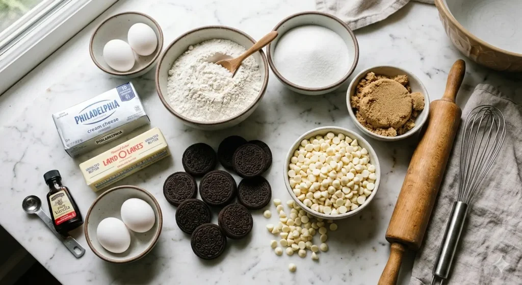 A flat-lay photograph of cookie ingredients on a white marble surface. There are bowls of flour, white and brown sugar, a block of cream cheese, a stick of butter, a pile of whole Oreo cookies, and a heap of white chocolate chips. A wooden rolling pin and a whisk are placed artistically to the side.
