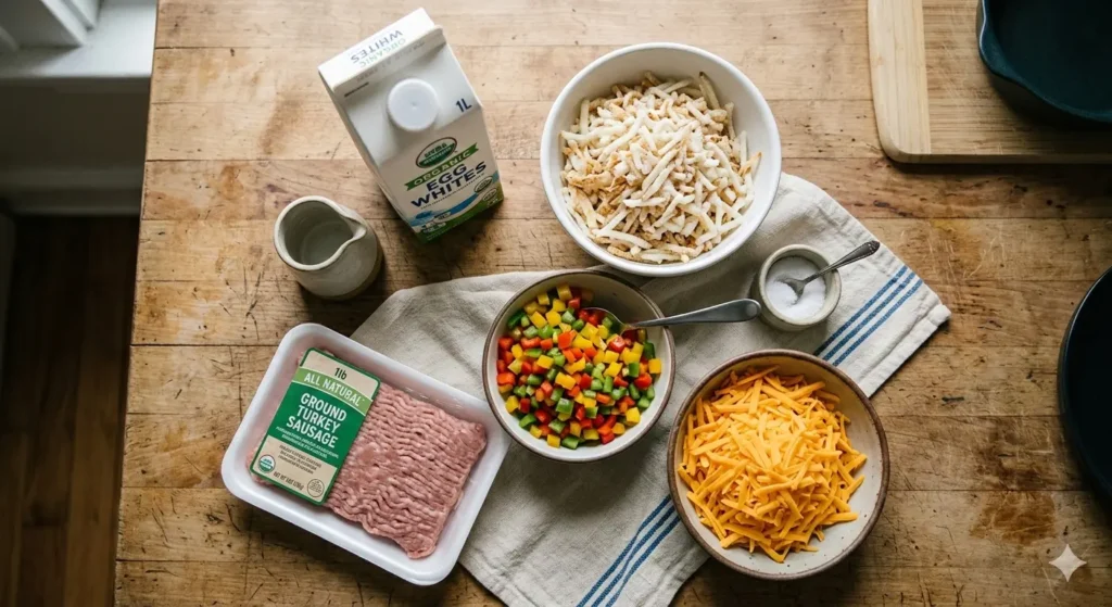 A flat-lay photograph of the raw ingredients neatly arranged on a wooden countertop. There is a carton of egg whites, a bowl of frozen hash browns, a pile of colorful diced bell peppers, a package of ground turkey sausage, and a bowl of shredded orange cheddar cheese. The lighting is soft and natural.