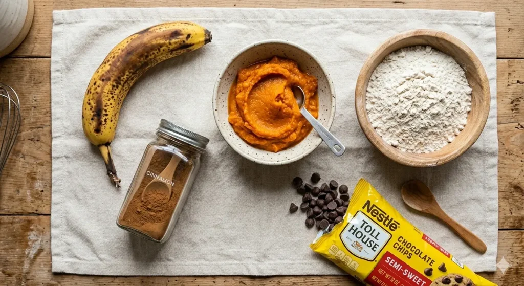 An overhead "flat lay" photo of the ingredients: one spotted brown banana, a small bowl of bright orange pumpkin puree, a bag of chocolate chips, a glass jar of cinnamon, and a wooden bowl of flour. Everything is arranged on a clean, light-colored kitchen towel.