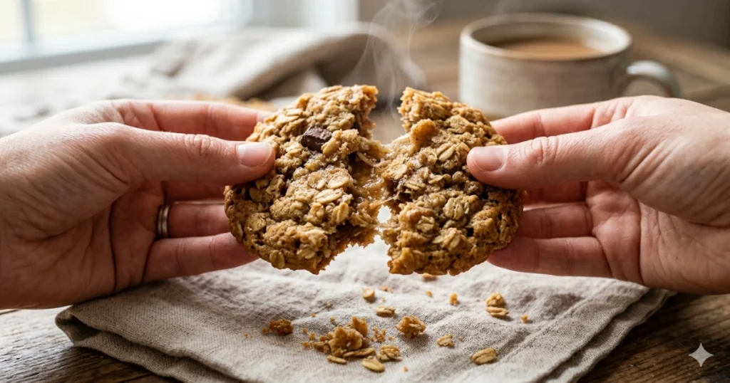 A close-up, high-resolution photo of a warm oatmeal cookie being pulled apart. You can see the steam rising and the chewy, soft texture of the oats inside. A few golden-brown crumbs are scattered on a neutral-colored linen napkin. The lighting is soft and natural.
