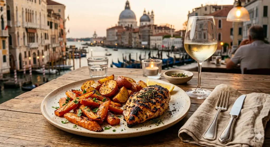 A beautiful lifestyle shot of a finished plate of the carrots and potatoes served alongside a grilled chicken breast. A glass of white wine and a linen napkin are nearby. The setting is a cozy dinner table with warm, inviting lighting.