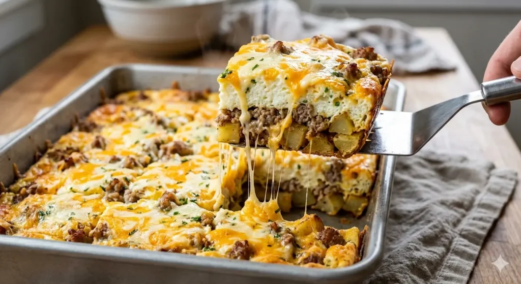 A close-up of a single square of the breakfast bake being lifted out of the pan with a metal spatula. You can see the distinct layers of potatoes, sausage, and eggs. Strings of melted cheese are stretching from the square back to the pan.