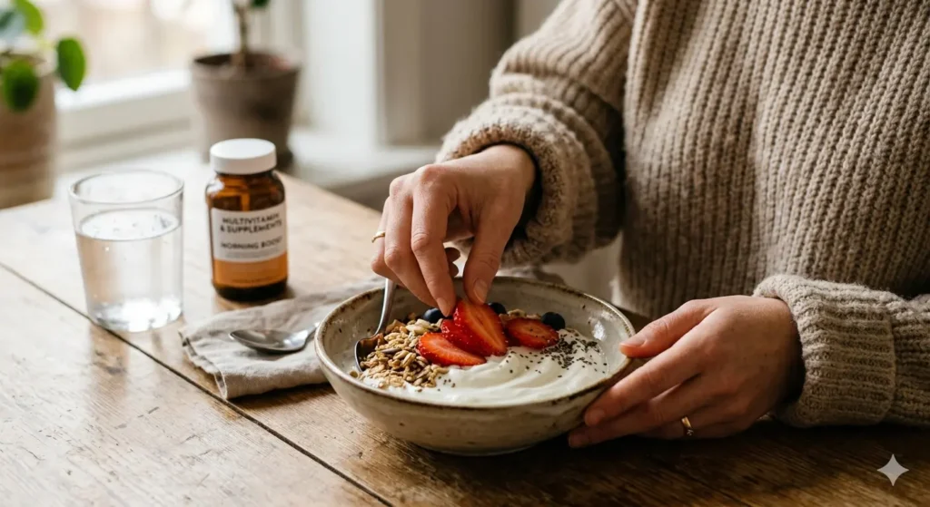 A person’s hands carefully placing fresh, sliced strawberries onto a thick bed of yogurt. The person is wearing a cozy knitted sweater, and you can see a glass of cold water and a vitamin bottle in the blurred background, suggesting a healthy morning routine.