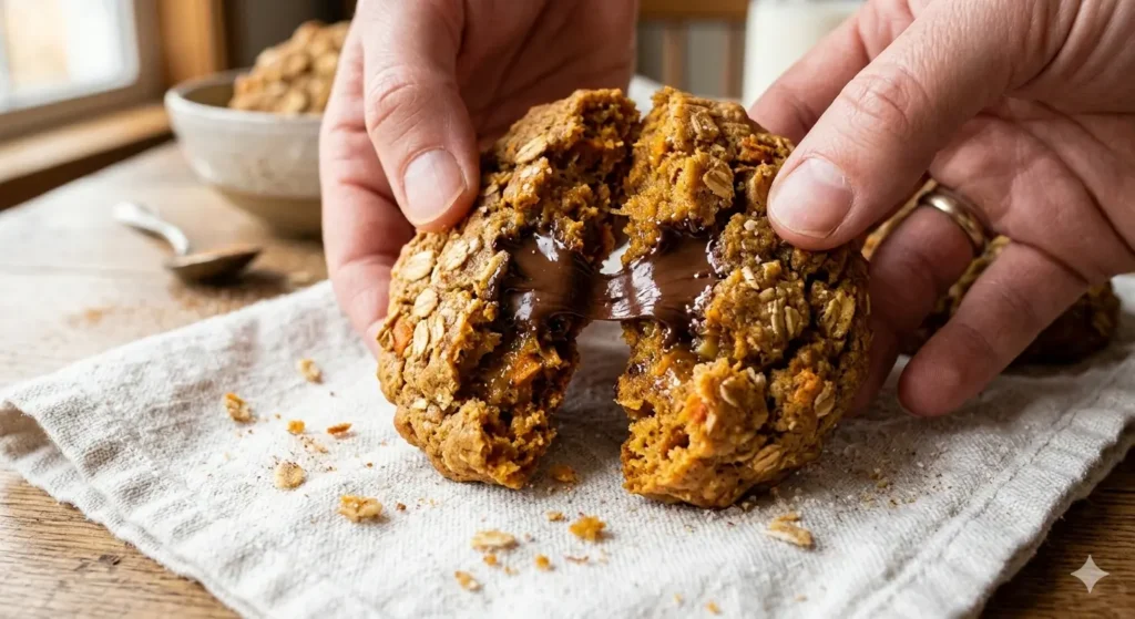 A macro shot of a single pumpkin banana cookie being pulled apart. The interior is bright and moist, with a gooey pocket of melted chocolate in the center. Crumbs are resting on a white linen napkin.