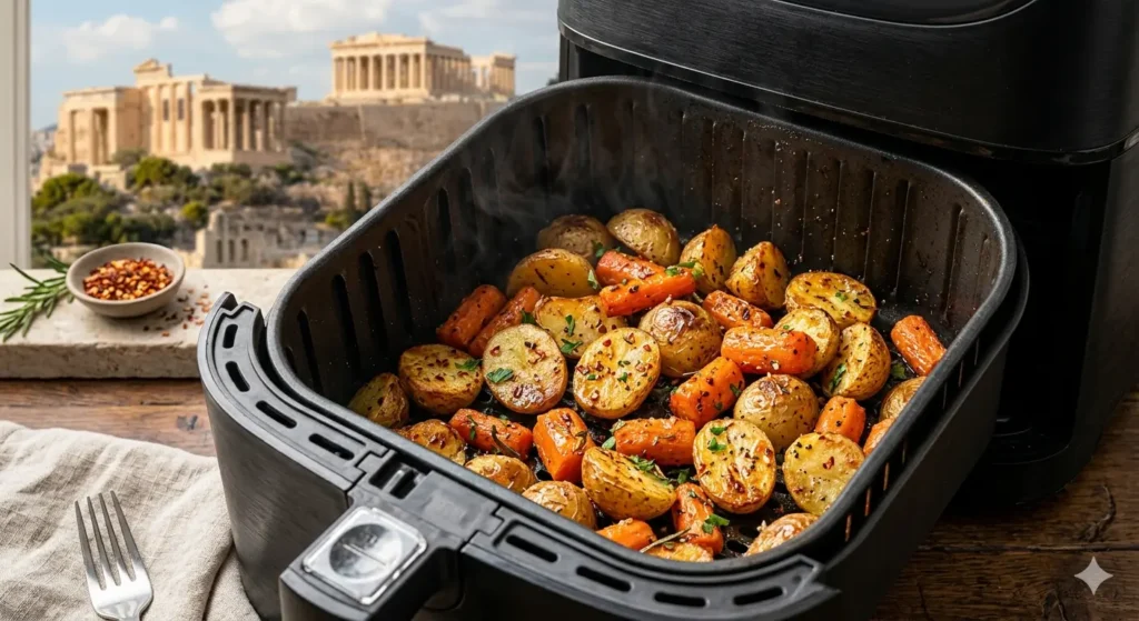 A close-up, high-resolution shot of crispy, golden-brown potatoes and vibrant orange carrots inside an air fryer basket. The vegetables are glistening with a light glaze and flecked with red pepper flakes and fresh herbs. Steam is lightly rising from the basket.