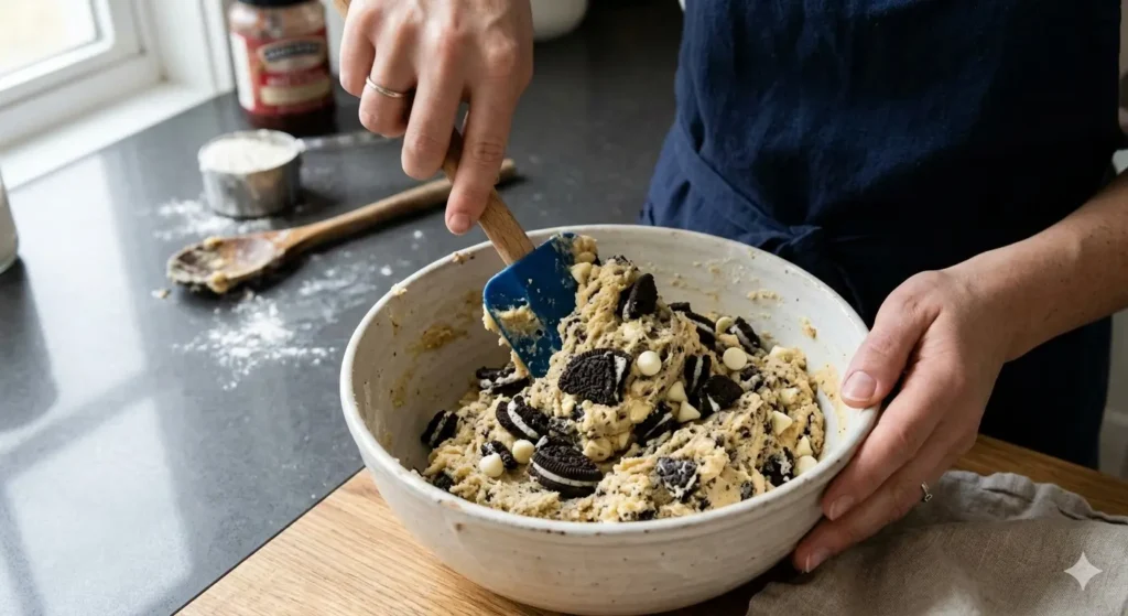 A person’s hands using a blue rubber spatula to fold large dark cookie chunks and white chocolate chips into a thick, creamy pale-yellow cookie dough. You can see the texture of the dough and the abundance of mix-ins.