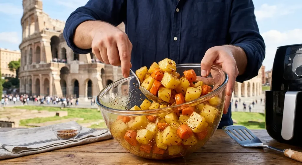 An action shot of a person’s hands tossing cubed potatoes and carrots in a large glass bowl with a golden honey glaze. The vegetables are shiny and well-coated, and a few red pepper flakes are visible on the surface.