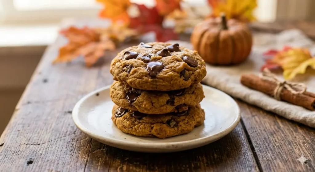 A close-up, high-resolution shot of a stack of three soft pumpkin banana cookies on a rustic wooden table. Melted chocolate chips are visible on the surface. A few orange autumn leaves and a small cinnamon stick are artfully placed in the blurred background. The lighting is warm and golden.
