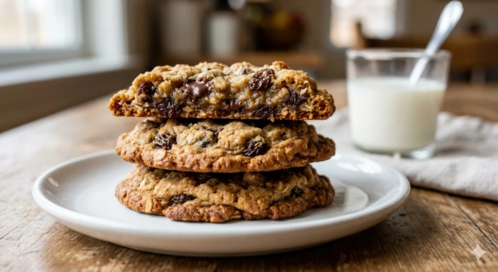 A macro shot of three cookies stacked on a white plate. The edges are clearly golden and crispy, while the center looks soft and moist. A small glass of milk is blurred in the background.