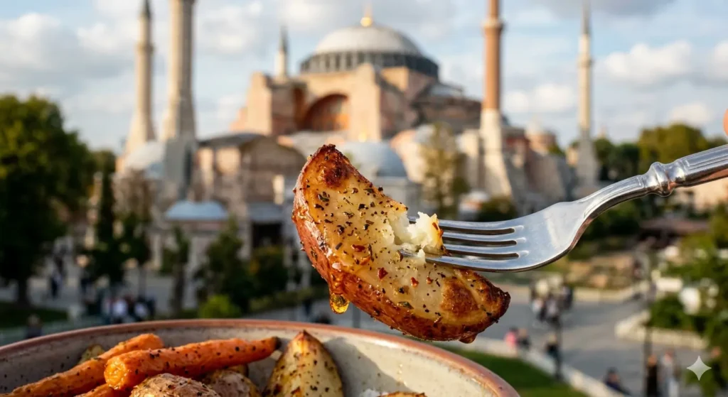 A close-up of a single roasted potato wedge being held by a silver fork. You can see the crispy, slightly blistered skin and the soft, white interior. A small drop of honey glaze is catching the light.